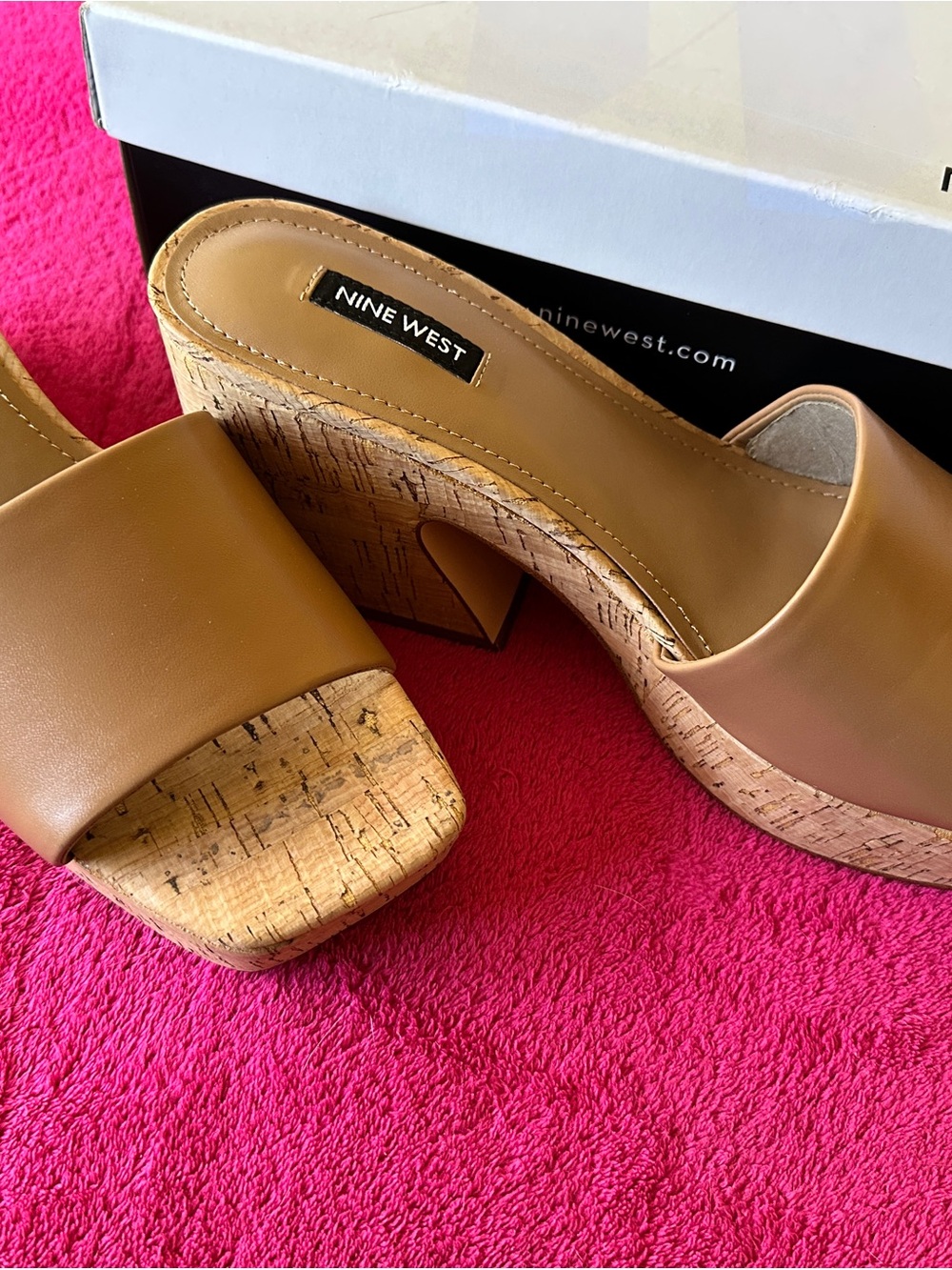 Nine West Tan Cork Block Heel Slide Mules